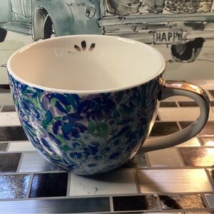 Lilly Pulitzer Hidden Lions Coffee Cup Mug Floral Blue Green Purple Gold Trim 2
